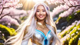 Portrait of a gorgeous smiling asian goddess with a golden dark skin, long smooth white hair, blue eyes, in a sci-fi outfit with luminous strikes in a hill of flowers with sakura trees, a small torrent, loads of mini flowers, moss, sun rays through the branches, particles in the air at spring