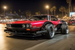 car with souped up hydraulics bouncing up and down during a night street racing gathering at a Los Angeles street, car's wheels are off ground, neon, fast and furious street race, photograph