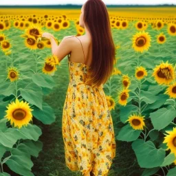 woman standing in sunflower field, back view, wind, long brown hair, yellow dress