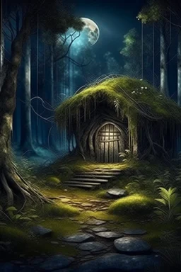 magic fabulous forest, old dilapidated hut in the forest, moss on the ground, fantasy, photorealism, clear drawing of all details, dark, night, moonlight, mysticism