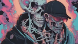 a close up of a person with a skull on their head, anime skull portrait man, scary detailed art in color, hiroyuki-mitsume takahashi, nychos art aesthetic, half man half skeleton, anime cyberpunk art, colored manga art, rossdraws pastel vibrant, hot colors. insanely detailed, beautiful anime portrait, stunning anime face portrait, scary art in color
