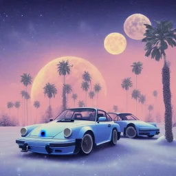 1980's aesthetic vaporwave palm trees with moon with porsche in the winter snow with lightning