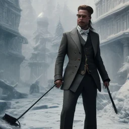 Full body, 3d render, Brad pitt 1800's men style, 1800's hair style, 1800's men clothes style,cleaning house, hyper realistic, octane render, unreal engine 5, 8k, palace background, uhd