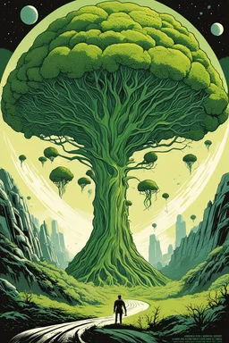 The giant is planting a big green tree, first contact concept art, silkscreened mind-bending illustration; sci-fi poster art, asymmetric, futurism