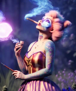 Ultra realistic wonderland photo, happy blonde woman smoking a shisha, blue dress, purple-cat friend, circus dress style, old school tattoo, smoke, marijuana garden, glow eyes, perfect iris, soft color, highly detailed, unreal engine 5, cinematic, ultra detail, volumetric lighting, high definition.