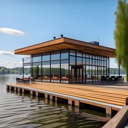 fachada de un restaurante en un lago moderno, con terraza y muelle para lo votes