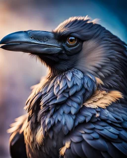 a mesmerizing and vibrant cinematic photograph of a raven in an extreme close-up, positioned in a-profile, showcasing its mysterious demeanor, with some scars on its plumage, slightly ruffled grey feathers underneath, and one of its feathers adorned with an elegant golden detail, as if kissed by sunlight, set against a soft, gradient background that shifts from deep blues to purples, evoking an enchanting atmosphere, with a subtle, cinematic film grain texture, imbuing the image with a sense of