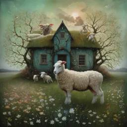 Intricately textured Amanda Clark, Catrin Welz-Stein, Zdzisław Beksiński and Dee Nickerson style mix, iridescent pastel colours; "Whimsical, bizarre, twisted, bending house on a flowering meadow, branches growing from roof, fences, many sheep," watercolor painting, meticulous detail with fine pen strokes, intricate patterns, fantasy landscape elements, fractals, dreamlike atmosphere, imaginative composition, artistic interpretation by SK, intricate linework, organic textures, sunny lighting.