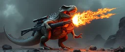 hyper real rock dinosaur with weapon arsenal from hell