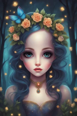 Painting of a beautiful girl, beautiful, haunted forest, flowers on her head, glitter dress, young girl, digital painting, fantasy art, pretty face, inspired by Jeremiah Ketner, illustration, anime portrait, barbie face, big eyes, bright eyes, dream, trees, forest background, dark night, song, glitters background, fantasy, high quality, 8k