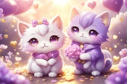 cute anime chibi cat couple, love, valentine day scene, hearts, flowers in sunshine Weight:1 heavenly sunshine beams divine bright soft focus holy in the clouds Weight:0.9 in purple, golden glitters