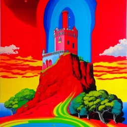 A red castle in the sky with rainbows designed in ancient Greek pottery painted by Andy Warhol