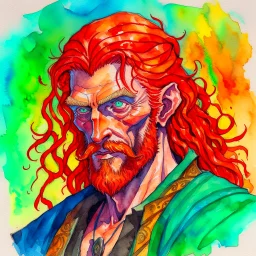 dnd, fantasy, watercolour, portrait, illustration, dull colours, male, dwarf, face, bearded, long brows, frugal, weathered face, green eyes, determined, happy, red hair, very long hair streaming down the shoulders, radiating light, five o'clock shadow, softer facial features, dignified