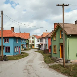 Fotografia di strada random assurda e falsa orripilante Moldavia Transnistria Adighezia weirdcore dai colori vivaci. Non luogo falso, inusuale. Max Ernst. Le case sono false e dipinte di chiaro con cose stilizzate e dettagli. Ci sono strane. , che danno un senso distopico e molto surreale, disposte in modo casuale. L'atmosfera generale sembra noiosa e onirica, con un contrasto tra elementi reali ed elementi dipinti falsi, René Magritte