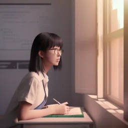 female student studying by the window, anime style, unreal engine 5, cinema4d, sun light, studio lighting --ar 1:1 --v 4