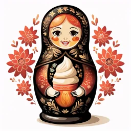 draw matryoshka dolls, the matryoshka is smiling, the kind sweet face of the matryoshka doll, behind the matryoshka Russian patterns in the style of Khokhloma