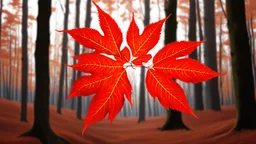 digital painting, A close-up view of large, vibrant red leaves with intricate veins, surrounded by a blurred forest background with bare trees, bold and slim lines, brush strokes