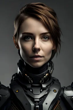 Portrait of a 25 year old sexy woman. Combat armor. Robotic neck and ear. Fierce eyes. Confident smile. Light background. Big eyes.