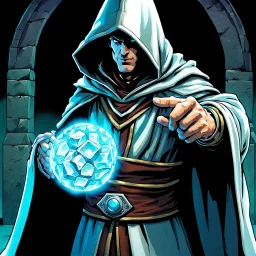 fantasy 90's tcg art hooded figure man with ice powers holding out hand