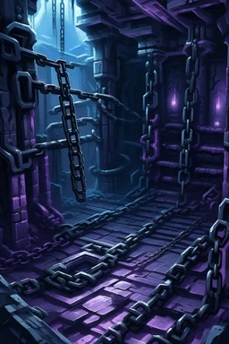 A purplish black dungeon with chains in Futurism art style