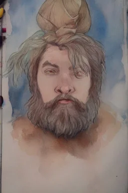 portrait, watercolour, realistic, illustration, dnd, dwarf, ghost, ethereal, lapis skin, glowy skin, see-through