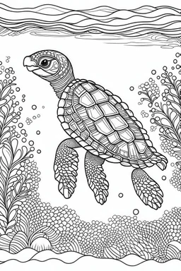 a sea turtle dive into the deep sea, clean line art, monochrome, for kids coloring book, white background