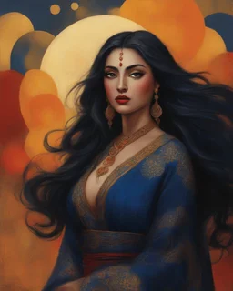 A painting in a highly stylized, cinematic art style depicts a beautiful woman with long, flowing dark hair and dark eyes, adorned with a red bindi on her forehead and red lipstick. She is wearing an elaborate robe composed of dark blue, blue, gray, and gold fabric with a pattern of gold circles and abstract shapes, including some red and orange elements. The woman is positioned with her right shoulder partially exposed, revealing a glimpse of her dark skin. Her dark hair cascades dramatically a