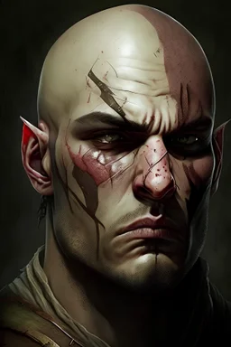 male, bandit, bald, fat, scar on the face, medieval, fantasy, dungeon and dragons inspire