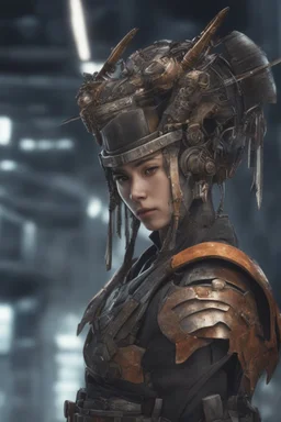 Portrait of Anime depiction of a cybernetic samurai in a post-apocalyptic setting, focusing on the intricacies of the armor and weaponry, 8k realistic