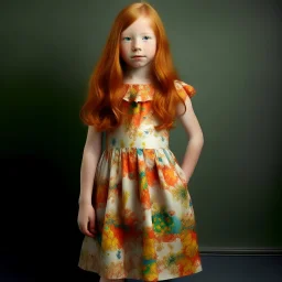 pretty girl, age 10, ginger hair, colourful, gentle, dress, full-body