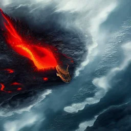  dragon flying with white, opaque scales, volumetric lighting, photo realistic, dark fantasy, dramatic, ferocious, over the ocean with a erupting volcano that is leaking through the sides, dramatique middle ages