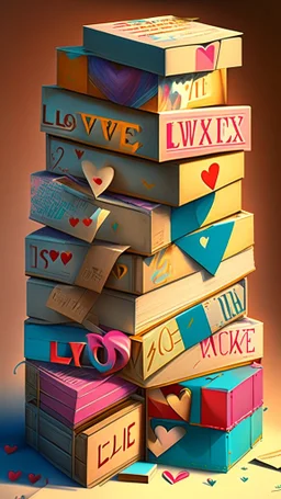 Stacked boxes full of love letters, realistic, professional, art, detailed, vibrant colors.