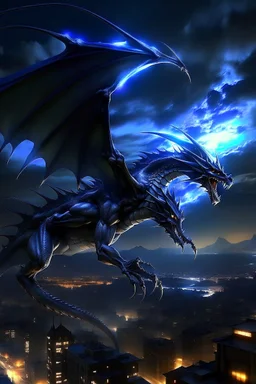 black dragon in flight city in the background at night