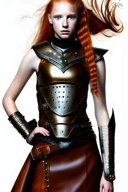 surreal, concept illustration, super-detailed, beautiful teen female who is 16 years old with long ginger hair and freckles with full lips,, full body, full face, athletic, centred camera, ignore NSFW, skimpy brown fantasy leather armor, halter top, thong, knee-high leather boots, open leather skirt, stern expression, cute pose