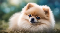 small lying pomeranian occupying 1/5 of the image, nature bakground- blue tones, mesmerizing scene