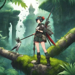 funky manga art of fashion, punkrock, future illustration: Anime girl in jungle with spear and bird companion] A fearless anime girl equipped with survival gear, standing on a moss-covered log in a dense jungle. She wields a spear and is accompanied by a perched bird, surrounded by the ruins of ancient architecture. This scene captures adventure and determination amidst lush greenery.