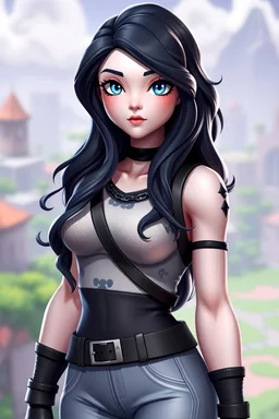 Beautiful; stunning; Blue eyes, long wavy black hair, porcelain skin character in fortnite (fortnite video game), (vivid), ((fortnite cartoon character)), fortnite animation, fortnite skin, (tilted towers fortnite map), full body shot, bright and dynamic coloring, (fortnite epic games)