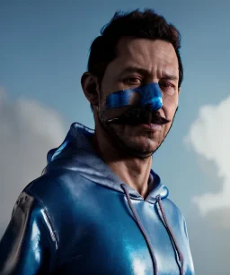 Realistic image, waist up view, a guy making the fuck you gesture with his hand, blue smoke coming out of his nose and mouth. Latex cloth, inflatable hoodie, soft color, highly detailed, unreal engine 5, ray tracing, RTX, lumen lighting, ultra detail, volumetric lighting, 3d, finely drawn, high definition, high resolution.