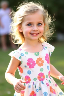 a pretty 5 years old girl with blue eyes and nice dress dancing and playing joyfully