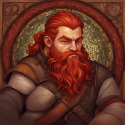 Dnd, fantasy, portrait, only face, dwarf, blacksmith, medieval mosaic, kind, hearthy, red hair, braided beard