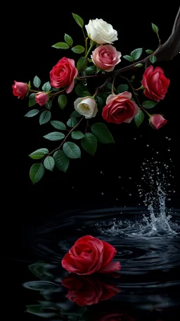 The image is a digital artwork that depicts a branch of tree of Red roses and leaves tangling in to a water in the river with aThe rose floats on the surface of the water, creating a wave-like effect. The background is black, which makes a branch of a tree of white roses stand out even more. Water droplets are scattered adding to the dreamy, ethereal quality of the image. The a
