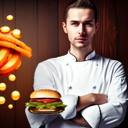  portrait of handsome man with head band and golden watch, behind him another chef in front blurred dark wooden wall, tasty commercial burger, shiny fork and knifes on dinner table with cloth, fantasy art book cover