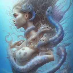 sango fantasy, fantasy magic, intricate, sharp focus, illustration, highly detailed, digital painting, concept art, matte, artgerm and paul lewin and kehinde wiley, masterpiece sexy lips Hawaiian afro lips lady body mermaid lionfish head blue space lady beach sea under water mermaid seaweed