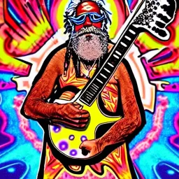 TRIPPY, ACID, LSD, WOODSTOCK, hippie Santa playing electric guitar, psychedelic, peace sign, MUSHROOMS, dreadlocks