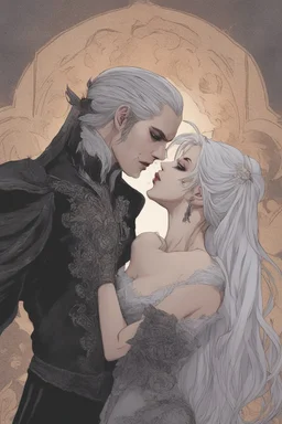 Strahd Von Zarovich being kissed on the neck by a beautiful woman with white hair, wearing an off the shoulder dress. Settling and background are a lavish toomb with an ebony coffin.