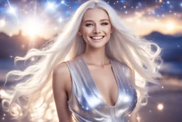 very beautiful cosmic women with white long hair, smiling, with cosmic silver metallic dress and in the background there is a bautiful sky with stars and light beam