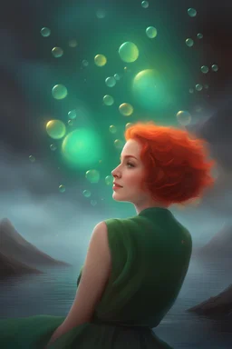 3D Bubbles, Floating hearts with an electrical current, fog, clouds, somber, ghostly mountain peaks, a flowing river of volcanic Lava, fireflies, a facial portrait of a totally gorgeous woman with short, buzz-cut, pixie-cut red hair tapered on the sides, green eyes, looking directly into your eyes and smiling a bright, happy smile,