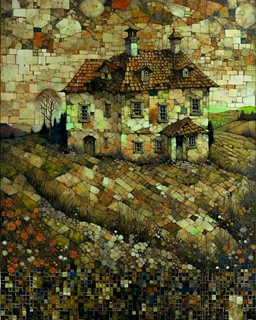A house on the Hill. Life and times, patchwork art by Jamie Heiden, Peter Doig, Renoir, Pol Ledent, Endre Penovac Modifiers: portrait acrylic art surreal Arthur Rackham Optical illusion Debehsque