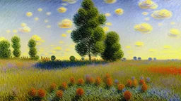 Sunny day, prairie, tree, flowers, claude monet painting