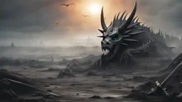 an apocalyptic landscape covered in dark gray dust. ancient battle field. rusty weapons and armor. broken dragon skulls everywhere. dead sun. dark grey mist. dead ocean in the distance. seen from the ground. fantasy, horror. no trees